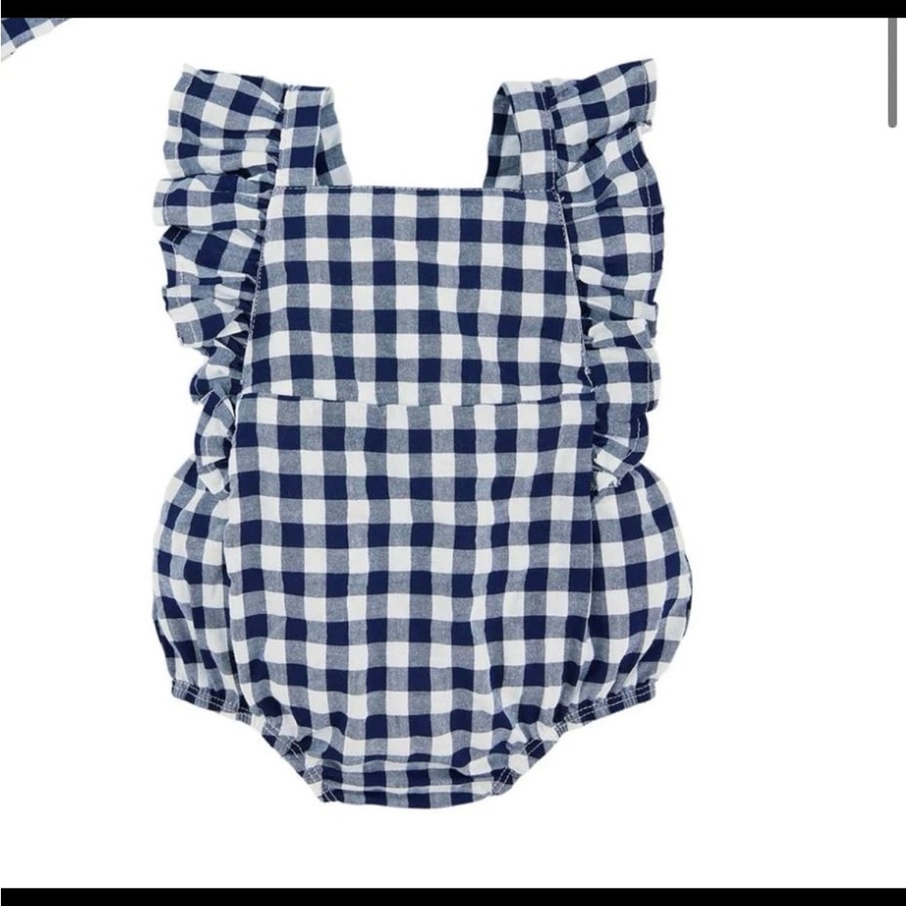 6-9 mo MUDPIE navy gingham check ruffle sun suit baby bubble.  Has matching bow